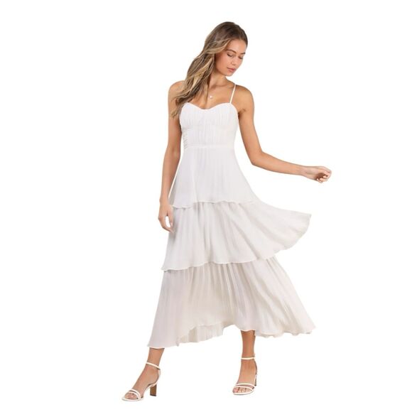 Lulus Cascading Crush Midi Dress Womens S Tiered Pleated Bustier Cocktail NWT - Picture 4 of 8